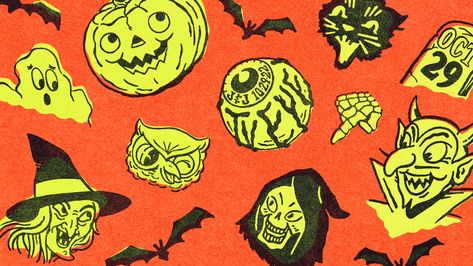 Vintage Halloween Pattern, Vintage Halloween Wedding, 1940s Halloween, Vintage Halloween Wallpaper, 50s Halloween, Retro Halloween Art, Vintage Halloween Illustration, Old Carnival, Halloween Graphic Design