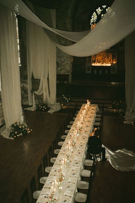 2024 Wedding Aesthetic, Intimate Wedding Restaurant, Warehouse Wedding Decor, Romantic Aesthetic Wedding, Tall Candles Wedding, Wedding Main Course, Wedding Horderves, Sultry Wedding, Black Tie Wedding Theme