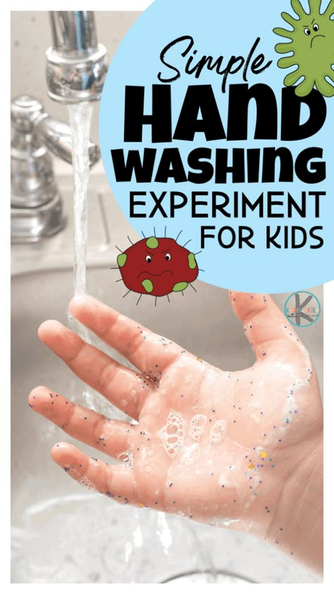 This hand washing experiment is quick, easy, and effective at teaching kids to use soap and water to stay healthy. Perhaps you've seen the hand washing experiment with pepper, well this germ experiment for kids uses glitter! Youv'e got to try this hand washign science experiment for toddler, preschool, pre-k, kindergarten, first grade, 2nd grade, and 3rd graders too. Germ Experiment, Germs Lessons, Germs Activities, Kindergarten Science Experiments, Global Handwashing Day, Hygiene Activities, Human Body Projects, Senses Preschool, Body Preschool