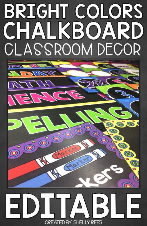 This chalkboard brights decor classroom is a fun way to bring a classic, yet bright color scheme into your elementary classroom. Click through to see all the amazing elements - many of which are EDITABLE! Great for the Kindergarten, 1st, 2nd, 3rd, 4th, 5th, or 6th grade classroom. {Bright Colors Theme, Ideas, Inspiration, Teacher Desks, White Boards, FUN, Kids, Children, Learning, Schools, Black, Tips, Spaces, Pictures, Poster, Simple, first, second, third, fourth, fifth, sixth graders} Chalkboard Brights Classroom Theme, Chalkboard Brights Classroom, Blackboard Classroom, Teacher Desks, Brights Classroom Decor, 6th Grade Classroom, Trendy Classroom, Bright Classroom, Chalkboard Classroom