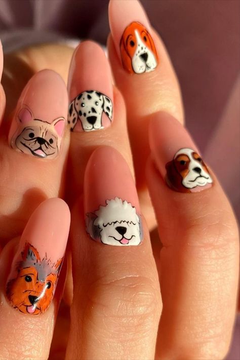 #nailarts #naildesign #handpaintnailart Nails Animals Designs, Dog Face Nail Art, Dog Mom Nails, Dog Design Nails, Puppy Nail Art, Dogs Nails Art, Dog Acrylic Nails, French Bulldog Nails, Nail Designs Animals