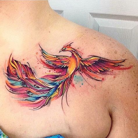 watercolor-phoenix-tattoo-placement-on-shoulder Watercolor Phoenix Tattoo, Tato Phoenix, Front Shoulder Tattoos, Phoenix Bird Tattoos, Phönix Tattoo, Kunst Tattoos, Phoenix Tattoo Design, Tattoo Prices, Harry Potter Tattoos