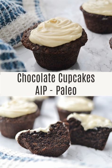 Chocolate Cupcakes (AIP/Paleo) * Lichen Paleo, Loving AIP Aip Dessert Recipes, Aip Cake, Aip Sweets, Aip Paleo Desserts, Aip Treats, Aip Baking, Gluten Free Chocolate Recipes, Paleo Cake, Banana Flour