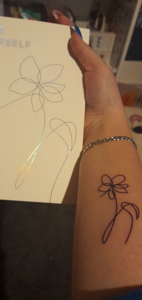 Wildflower Rm Tattoo, Love Yourself Tear Tattoo, College Tattoos Ideas, Love Yourself Flower Tattoo, Smeraldo Flower Tattoo, Love Yourself Tatuaje, Bts Flower Tattoo, Life Goes On Tattoo Ideas, Bts Tatoos Idea