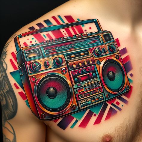 Boom Box Tattoo, Unique Music Tattoo, Saxophone Tattoo, Side Foot Tattoos, Music Tattoo Ideas, Inner Wrist Tattoos, Arm Wrap Tattoo, Box Tattoo, Blade Tattoo