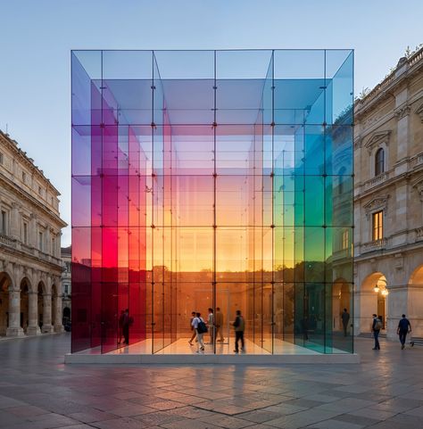 Viewing a transparent cubic structure with a gradient from red to blue, reflecting the sunset sky, juxtaposed with classic architecture around it. Colorful Glass Architecture, Cube Installation Art, Coloured Glass Architecture, Colour In Architecture, Colored Glass Architecture, Stained Glass Art Modern, Prism Architecture, Spectrum Architecture, Transparent Architecture