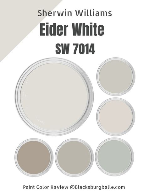 Sherwin Williams Eider White (SW 7014) Paint Color Review Eider White Color Palette, Eider White Complimentary Colors, Elder White Sherwin Williams Bedrooms, Eider White Sherwin Williams Exterior, Eider White Coordinating Colors, Sherwin Williams Eider White Complimentary Colors, Sw Eider White, Aesthetic White Sherwin Williams Coordinating Colors, Sherwin Williams Pure White Exterior Paint