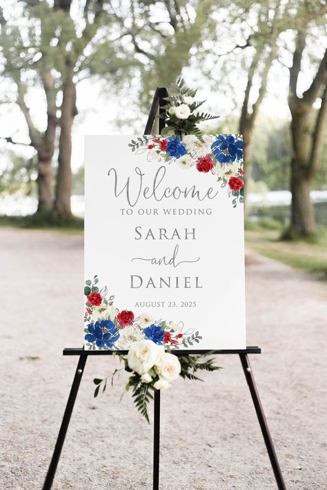 Red White Blue Wedding Decorations, Red Blue Wedding Theme, Light Blue And Red Wedding, Red White And Blue Wedding Theme, Red White Wedding Theme, Royal Blue And Red Wedding, Red And Blue Wedding Theme, Red And Blue Wedding, White Wedding Welcome Sign