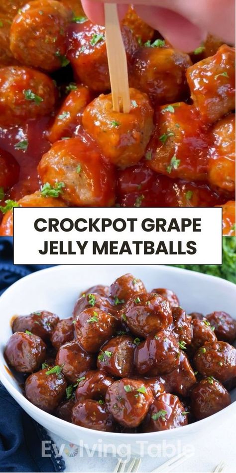 These 3-Ingredient Crockpot Grape Jelly Meatballs recipe has been a family favorite of ours for DECADES! It makes the perfect appetizer for game day or holiday parties with only simple ingredients and 5 minutes of prep time! Ketchup and grape jelly combine to form a sweet and sour sauce that's the best for coating homemade or frozen meatballs. Crockpot Grape Jelly Meatballs, Homemade Meatballs Crockpot, Jelly Meatballs Crockpot, Best Frozen Meatballs, Frozen Meatballs Crockpot, Sweet N Sour Meatballs, Meatball Appetizer Crockpot, Easy Crockpot Meatballs, Jelly Meatball Recipe