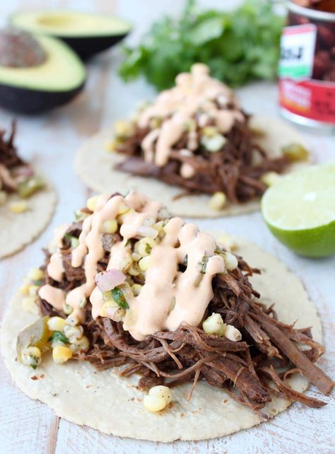 Brisket Tacos Crock Pot, Slow Cooker Brisket Tacos, Brisket Tacos Recipe, Beef Brisket Tacos, Food Truck Ideas, Taco Food Truck, Roasted Corn Salsa, Creamy Chipotle Sauce, Taco Food