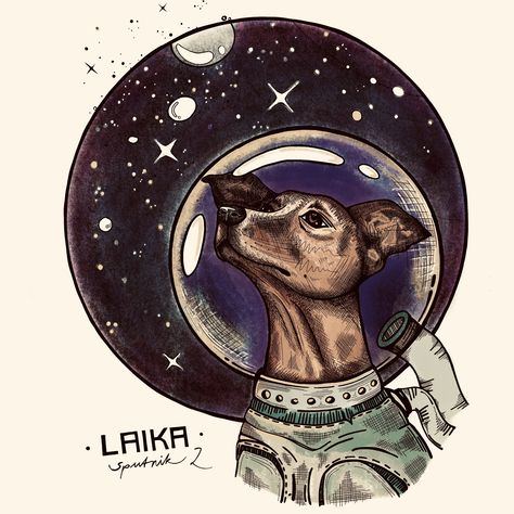 Dog Astronaut Drawing, Dog In Space Drawing, Laika Space Dog Art, Space Dog Drawing, Meteor Tattoo, Laika Art, Laika Tattoo, Scientist Portrait, Laika Space Dog