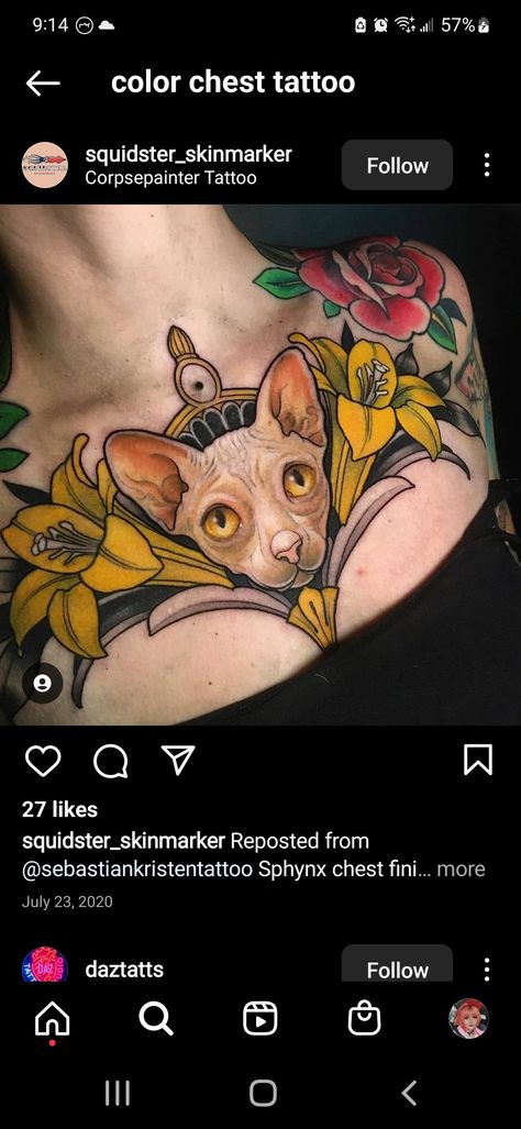 Sphynx Cat Tattoo, Cat Portrait Tattoos, Tattoo Cat, Chest Piece, Sphynx Cat, Sphynx, Cat Portraits, Chest Tattoo, Cat Tattoo