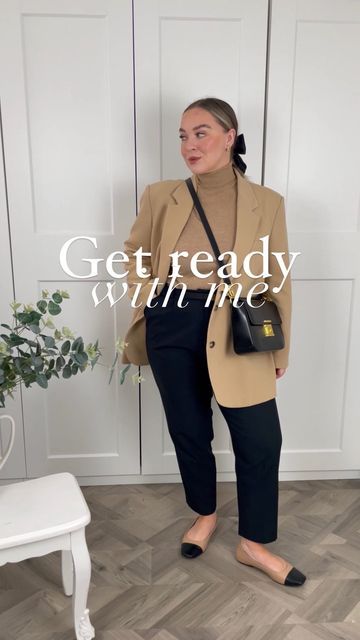 Abbi White - Mid-Size Petite on Instagram: "Get ready with me using classic items I’ve had in my wardrobe for years 👆🏻 _________________________ All items old Blazer: @zara Roll neck: @hm Trousers and shoes: @asos Bag: @eachxother via @tkmaxxuk Belt: @ralphlauren Bow: @amazonfashioneu __________________________ #rewearthat #rewearyourwardrobe #classicwardrobe #classicpieces #staplepieces #capsulewardrobe #basicoutfit #basicoutfits #basicstyle #simplestyling #workwearfashion #workwearin Zara Mid Size Outfit, Mid Size Blazer Outfit, Tailored Trousers Outfit, Tan Blazer Outfit, Mid Size Outfits, Blazer Zara, Zara Trousers, Trouser Outfit, Tan Blazer