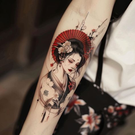 20 Powerful Japanese Style Tattoos For Daring Women - Japan Themed Tattoo, Cherry Blossom Arm Tattoo Sleeve, Oni Tattoos, Japanese Girl Tattoo, Powerful Tattoos, Theme Tattoos, Japanese Geisha Tattoo, Tattoo Japan, Fierce Tattoo