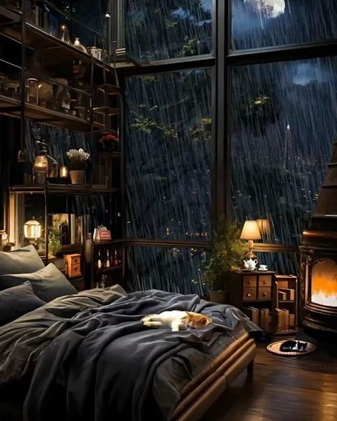 Make your bedroom your peaceful happy place. #inspiration #bedroom #peaceful #aesthetic #homeworldhawaii Cozy Rainy Day, Day Room, Raining Outside, Dark Home Decor, Dark Home, Cozy Place, Rain Photography, Alam Yang Indah, Cozy Room