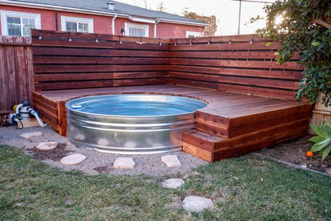 My diy stock tank pool and hot tub #stocktankpool #diy #tankuzzi #hillbillyhottub #backyard #pool #hottub #jaccuzzi Galvanized Hot Tub, Steel Pool Galvanized, Galvanized Tub Pool, Stock Tank Deck Ideas, Stock Tank Pool Deck Ideas, Stock Tank Deck, Stock Tank Pool With Deck, Galvanized Stock Tank Pool Ideas, Galvanized Pool