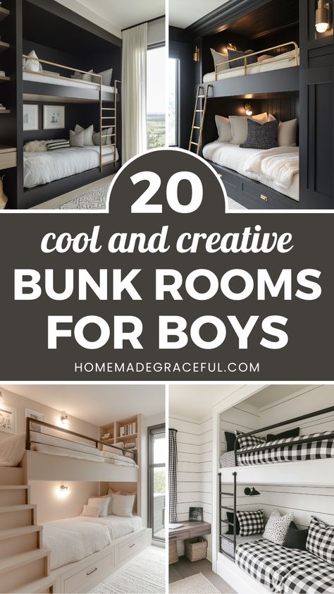 bunk rooms for boy Diy Bunk Bed Rooms, Cool Twin Beds For Boys, Wallpaper Behind Bunk Beds, Boys Room Bunk Beds Small Bedrooms, Wood Bunk Beds For Boys Room, Twin Bunk Bed For Boys, Boy Bunk Bed Room, Low Profile Bunk Beds, Toddler Boy Room Full Size Bed