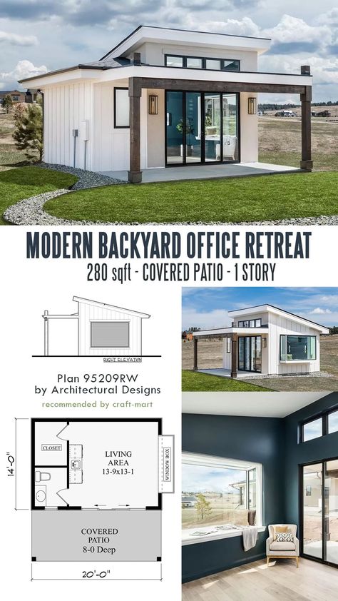 Redefine your work routine with the shortest commute! This modern large office shed can add value to your new home. With a covered patio, double doors, a closet, a kitchenette, and a bathroom, this backyard office space is comfortable and spacious. Shed Office With Bathroom, Backyard Office With Bathroom, Office Shed With Bathroom, Backyard Office Plans, Workout Shed Backyard, Small Outdoor Office, Small Office Space Plan, Closet Kitchenette, Small Garden Gym