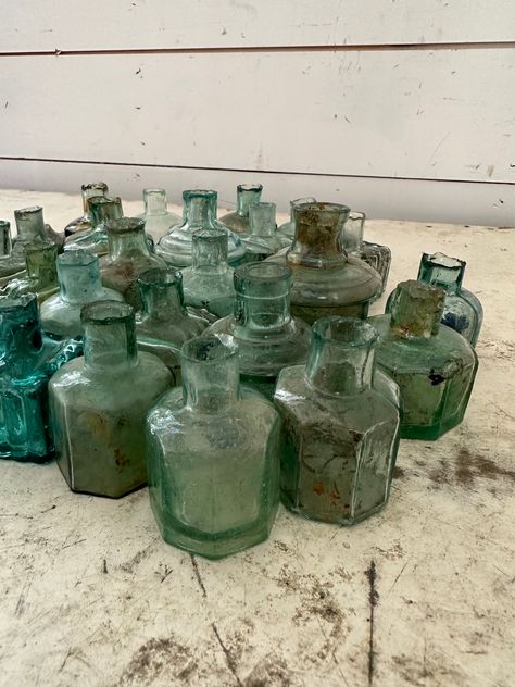 Antique blue/green ink well - sold individually picked at random Tops are rough edges as many of them are crack away ink wells and that is how they were made. Dug up from Victorian dump sites. Aging and dirt may be present. Bought from a friend who sourced them in Europe. Old Wine Bottle, Antique Bird Cages, Old Glass Bottles, Antique Glass Bottles, Ink Well, Glass Rocks, Dug Up, Antique Bottle, Antique Blue