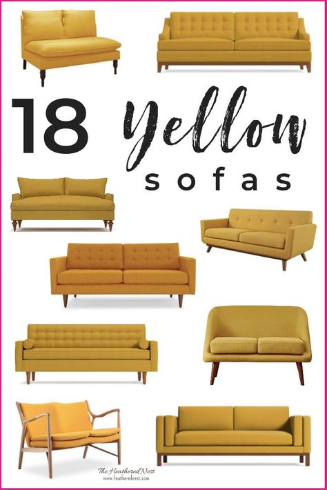 A Yellow Sofa Shopping Guide. 18 of the loveliest yellow sofas available. We scoured dozens of retailers to pull together this yellow couch collection. If you're in the market for a mustard sofa, gold loveseat, sunshiney settee, tufted yellow sofa or more, you'll find it here! #yellowsofa #yellowcouch #shoppingguide #yellowloveseat #goldsofa #mustardsofa #yellowsofas Living Room Yellow, Gold Couch, Yellow Decor Living Room, Yellow Couch, Room Yellow, Gold Living Room Decor, Yellow Furniture, Gold Sofa, Blue Living Room Decor