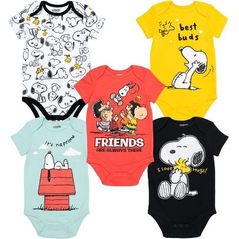 PEANUTS Snoopy Charlie Brown Newborn Baby Boys 5 Pack Bodysuits Multi 0-3 Months Snoopy Baby Shower Theme, Charlie Brown Baby, Snoopy Baby Shower, Baby Snoopy, Newborn Baby Boys, One Piece Clothing, Indoor Play, Soft Clothes, Easy Dressing