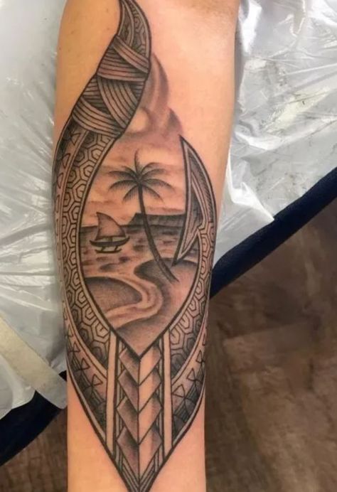 Island Sleeve Tattoos For Women, Polynesian Water Tattoo, Guam Seal Tattoo Women, Guy Tattoos Ideas Men, Chamorro Tattoos For Women, Island Tattoo Men, Guam Tattoo Women, Pacific Islander Tattoos, Guam Seal Tattoo