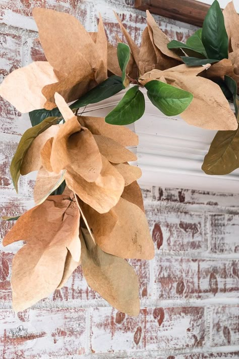 Paper Leaf Garland Diy Fall, Diy Paper Bag Leaves, Brown Paper Leaves Diy, Paper Bag Leaves Garland, Brown Paper Bag Leaves, Diy Fall Leaves Paper, Paper Bag Garland, Paper Bag Leaf Garland, Fall Paper Bag Crafts