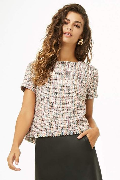 Forever 21#Frayed Tweed Top#affiliatelink Tweed Top Outfit, Tweed Outfits, Tweed Blouse, Tweed Fashion, Tweed Shirt, Tweed Top, Elegant Outfit Classy, Fashion Goals, Boxy Top