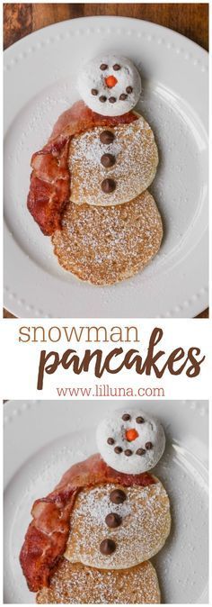 EASY Snowman Pancakes - the perfect idea for the kids on Christmas morning and one they can help make too! Christmas Party Breakfast Ideas, Snowman Pancakes, Winter Snacks, Christmas Pancakes, Breakfast Christmas, Soya Mumu, Christmas Morning Breakfast, Snow Fun, Christmas Brunch