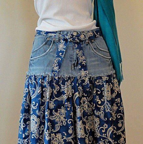 Short Jean Skirt, Long Jean Skirt, Blue Jeans Crafts, Blue Jean Skirt, Denim Projects, Denim Ideas, Recycled Jeans, Recycle Jeans, Jeans Skirt