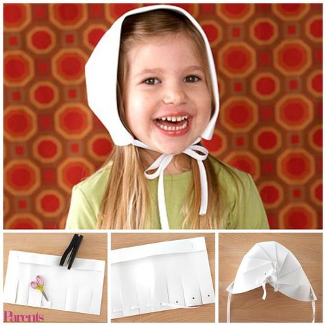 DIY Pilgrim Bonnet | Fold over one long edge of a piece of white crafts foam to create a 2-inch-wide brim. Staple it once on each side to hold it in place. Make seven evenly spaced 4-1/2-inch-long cuts on the long unfolded edge for a total of eight flaps.Punch a hole 1 inch from the edge at the center of each flap. Thread a 24-inch piece of white grosgrain ribbon down through the hole of the first flap. Pull the ribbon from each side to meet at the center. Pilgrim Bonnet, Pilgrim Crafts, Pilgrim Costume, Thanksgiving Hat, November Crafts, Pilgrim Hat, Thanksgiving Preschool, Thanksgiving Decorations Diy, Thanksgiving Crafts For Kids