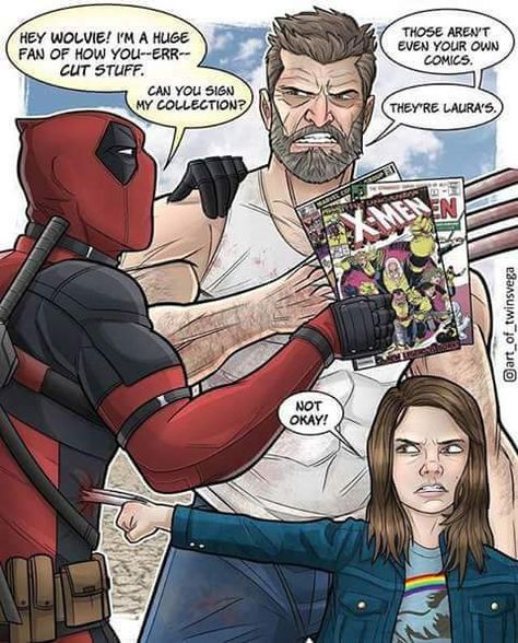 #Deadpool #Fan #Art. (Deadpool/Logan/Laura) By: Twinsvega. ÅWESOMENESS!!!™ ÅÅÅ+ Marvel Jesus, Avengers Humor, Grumpy Cats, Film Marvel, Marvel Comics Funny, Deadpool Funny, Marvel Fanart, Deadpool And Spiderman, 9gag Funny