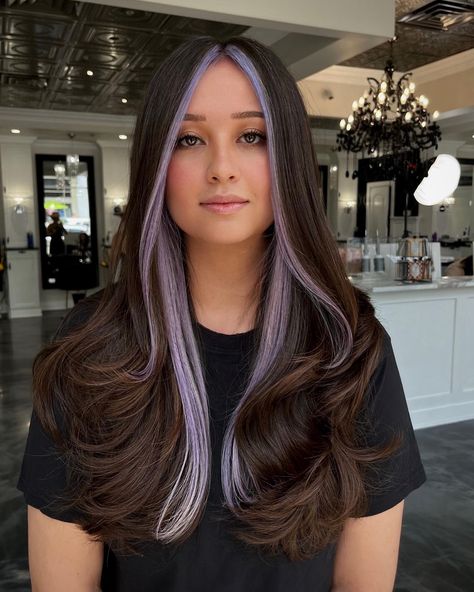 Are you a fan of cool highlights and you want to try out something new? If so, where do you stand when it comes to money piece highlights? This old-sc... Purple Peekaboo Highlights, Blonde Peekaboo, Purple Highlights Brown Hair, Money Piece Highlights, Blonde Peekaboo Highlights, Purple Brown Hair, Blonde Underneath, Natural Dark Hair, Hidden Hair Color