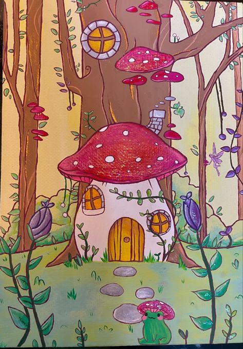 Drawings Mushroom Forest, Whimsical Mushroom Art Fairy Houses, Gnome Garden Painting, Mushroom Land Drawing, Painting Ideas On Canvas Cottagecore, Fairy Mushroom Painting, Fairycore Painting Easy, How To Draw A Mushroom House, Fairy Garden Art Drawing