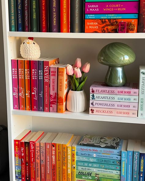 Lil bookshelf tour 🫶🏻💓🏹🌿 QOTD: how do you organize your books? (Author/ genre/ colour/ vibes?) . . . . #bookshelf #bookshelfdecor #bookshelfie #books #reader #bookaesthetic #beautifulbooks #prettybooks #aestheticbooks #bookstack Ladder Bookshelf Styling With Books, Tall Bookshelf Styling, Bookshelves Bedroom Ideas, Girly Bookshelf, Bookshelf Aesthetic Bedroom, Library Bedroom Ideas, Dream Bookshelves, Tbr Bookshelf, Book Corner Ideas Bedroom