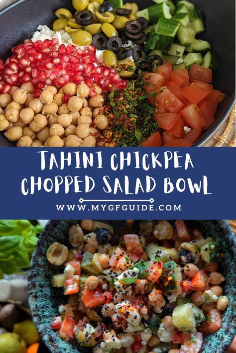 Chickpea Chopped Salad, Salad With Tahini Dressing, Dinner Bowl, Gluten Free Vegetarian Recipes, Olive Relish, Healthy Gluten Free Recipes, Dinner Bowls, Tahini Dressing, Bowl Recipe