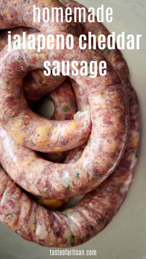 The juiciest and most flavorful Jalapeno Cheddar Sausage made from scratch with sharp cheddar cheese and fresh jalapeños, ground pork, beef and smoked bacon. Flavored with garlic, pepper, onion, sage and mustard. Incredibly juicy and delicious. Cheddar Cheese Sausage Recipes, Jalapeno Cheddar Venison Sausage, Making Your Own Sausage, Make Homemade Sausage, Jalapeno Smoked Sausage Recipes, Smoked Venison Sausage Recipe, Homemade Sausage Links With Casing, Sausage Making Recipes Pork, Pork And Beef Sausage Recipes