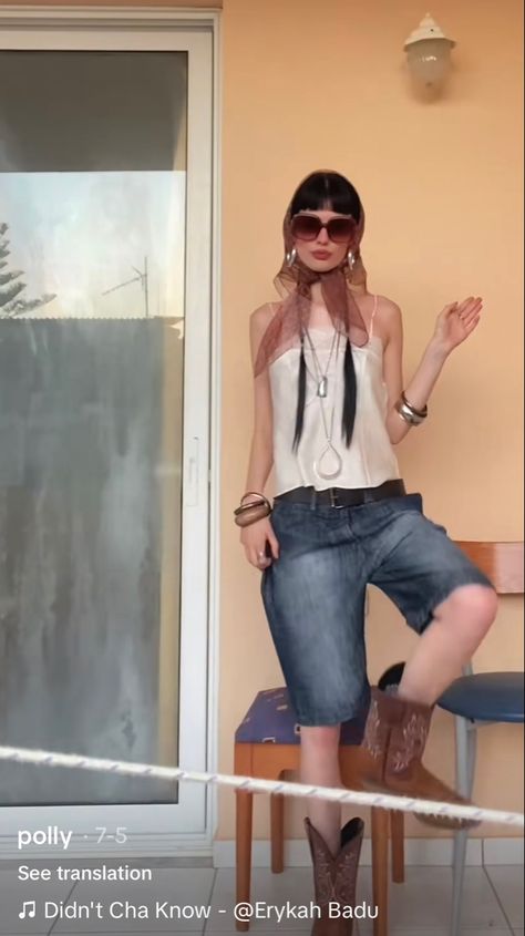 Aesthetic Summer Outfit, Asthetic Outfit, Summer Outfit Inspo, Knee length Jorts, Cowboy boots, White tank, Big sunglasses, Big Chunky Vintage Silver Jewelry, Braids, Bandana, Silver Jewelry, Braids Bandana, Cowboy Boots White, Sunglasses Big, Vintage Silver Jewelry, Big Sunglasses, Boots White, Aesthetic Summer, Outfit Summer, White Tank