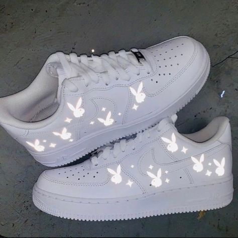 Reflective Playboy Sparkle Air Force 1s by accessoriezd Bedazzled Shoes, Surprise Boyfriend, Air Shoes, Nike Airforce 1, Shoes Diy, Nike Air Shoes, Shoe Company, Custom Nikes, Swag Shoes