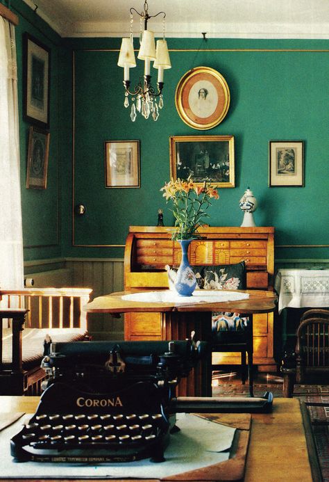 Rungstedlund, home of Karen Blixen, Denmark. Helen Parker, Arsenic Green, Moody Bedroom Ideas, Karen Blixen, Cozy Log Cabin, Mahogany Dining Table, Moody Bedroom, Victorian Times, Country House Interior