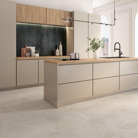 Beige Floor Tile, Taupe Kitchen, Sand Floor, Neutral Kitchen, Beige Kitchen, Kitchen Floor Tile, Kitchen Inspiration Design, Porcelain Flooring, Minimalist Kitchen