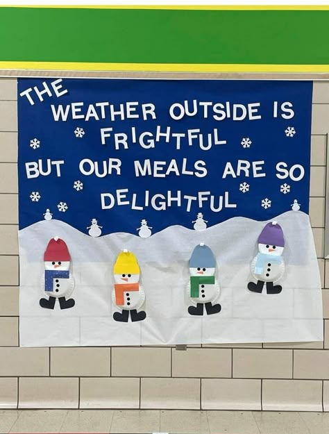 Cafeteria Board Ideas, Christmas School Cafeteria Decorations, Christmas Bulletin Boards For School Cafeteria, Halloween Cafeteria Bulletin Boards, Thanksgiving Cafeteria Bulletin Boards, School Cafeteria Halloween Decorations, Winter Cafeteria Bulletin Boards, Cafeteria Bulletin Board Ideas Food, Lunch Lady Door Decorations