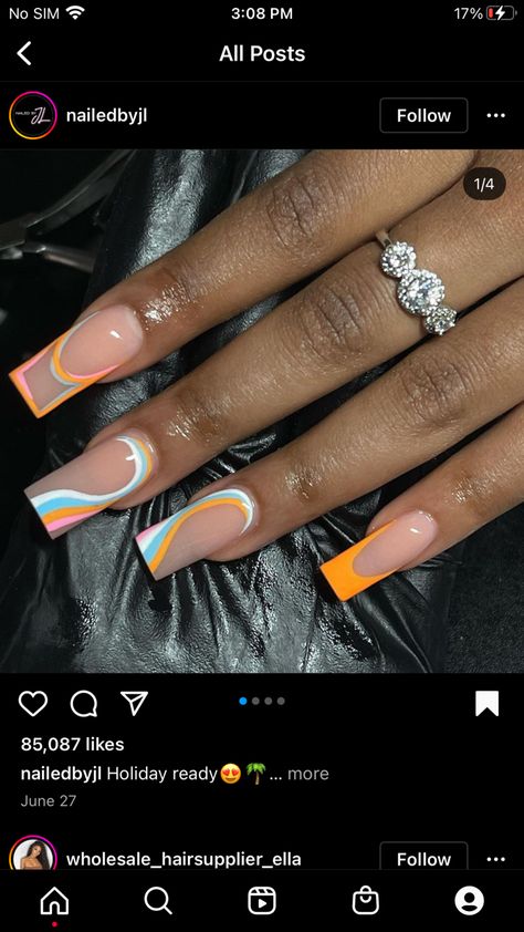 Orange And Blue Aesthetic Nails, Vacation Nails Medium Length, Orange French Nail Designs, Summer Acrylic Nails Black Women, Vacation Nail Set, Summer Nail Inspo Black Women, Medium Nail Designs Summer, Cute Nail Designs For Summer Short, Unique Spring Acrylic Nails