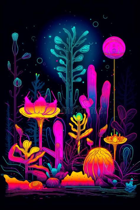 Image of flowers and plants in neon colors on black background with blue light. Generative AI royalty free stock photo Neon Plants, Senior Year Of College, Neon Flowers, Fantasy Homes, Floral Theme, Mural Painting, Flower Images, Neon Colors, Senior Year