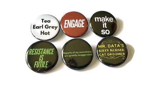 Excited to share this item from my #etsy shop: TNG Trek in the Stars Captain Jean Luc Make It So Engage Data Assimilation Borg Resistance is Futile Tea Earl Grey Pins Buttons Magnets Cat Groomer, Resistance Is Futile, Fandom Jewelry, Kilt Pins, Most Famous Quotes, Button Magnets, Button Picture, Quote Pins, In The Stars