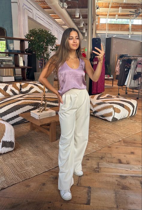 Outfit Combo: purple silky tank, white pleated trousers, high top white sneakers Axo Philanthropy, High Top White Sneakers, Clueless Closet, Lilac Top, Founders Day, Cream Pants, White Linen Pants, White Trousers, Pleated Trousers