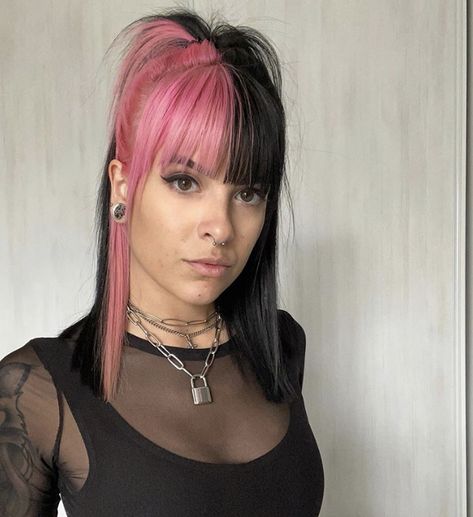 Asymmetrical Split Dye Hair, Light Brown Split Dye, Half Black Half Pink Hair, Half And Half Dyed Hair, Split Dye Hair, Dyed Bangs, Half Dyed Hair, Split Dye, Work Hair