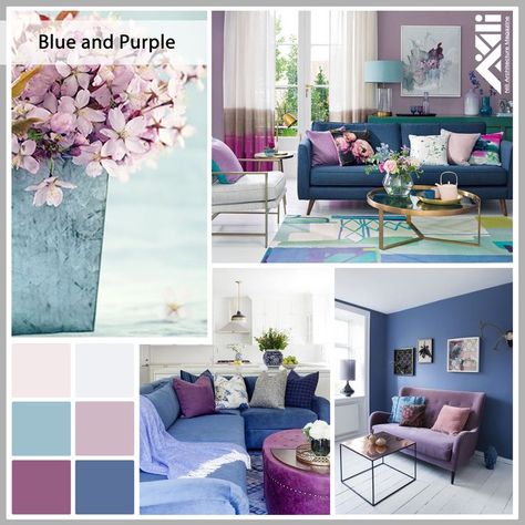 Blue and Purple interior design moodboard House Inspo Living Room, Violet Living Room, Accent Wall Bedroom Paint, Teen Lounge Rooms, Purple Interior Design, Interior Color Palette, Small Office Decor, Mood Board Living Room, Color Palette Interior Design