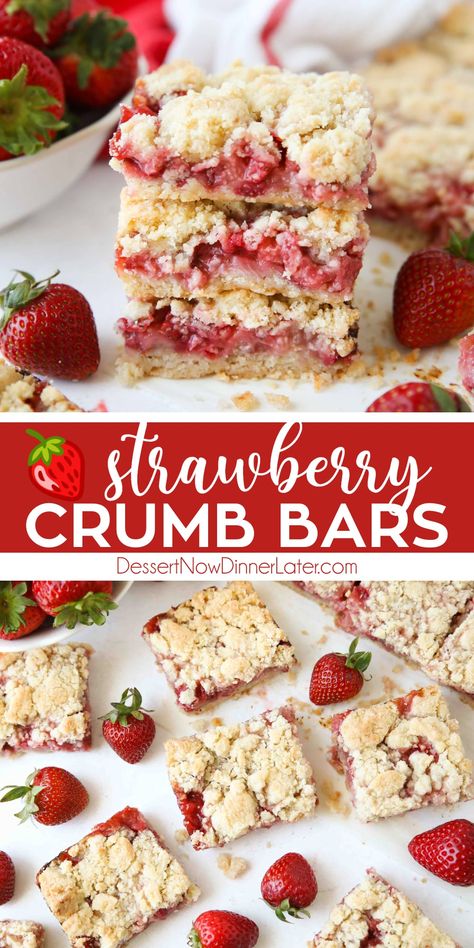 Fresh strawberries are sandwiched between a buttery crust and streusel topping in these Strawberry Crumb Bars. A great alternative to strawberry pie in the form of a delicious dessert bar. Spring Bars Recipes, Strawberry Pie Bars Recipe, Desserts Using Strawberry Pie Filling, Dessert With Strawberry Pie Filling, Strawberry Bars With Fresh Strawberries, Strawberry Cookie Bars, Crumb Bars Recipes, Leftover Strawberry Recipes, Dessert Using Frozen Strawberries