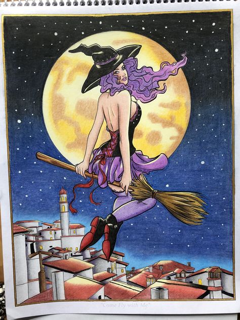 Selina Fenech Coloring, Witches Boots, Night Magic, Faber Castell Polychromos, Come Fly With Me, Halloween Witches, Fly With Me, Pastel Pencils, Coloring Inspiration